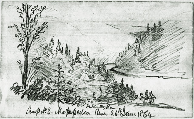 Dessin illustrant le campement no. 3 installé sur le bord de la rivière Matapédia