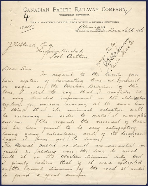 Letter on the establishment of time zones for railway operations