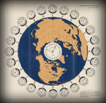 Clocks showing time around the world based on longitude